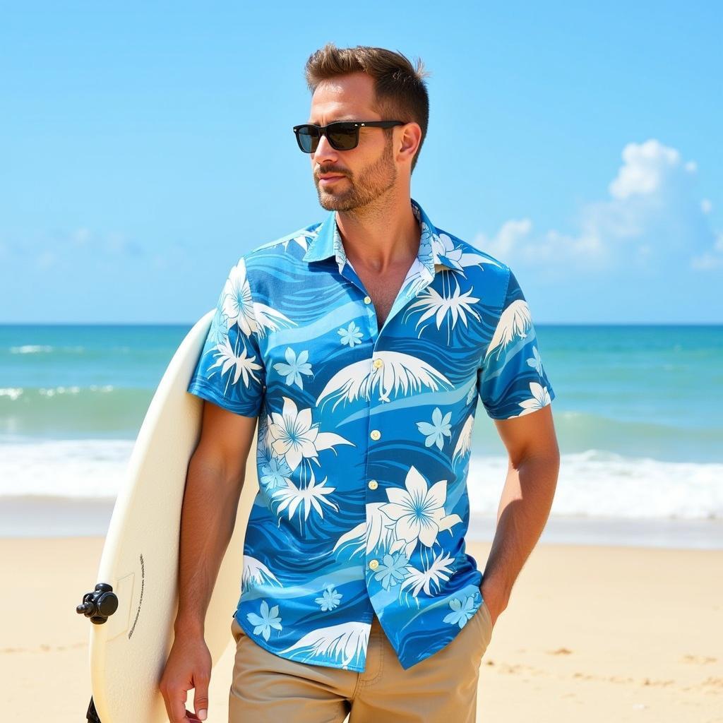 Man wearing a blue and white Hawaiian shirt on a beach