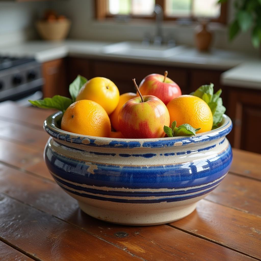 Blue and White Stoneware Fruit Bowl with Rustic Design