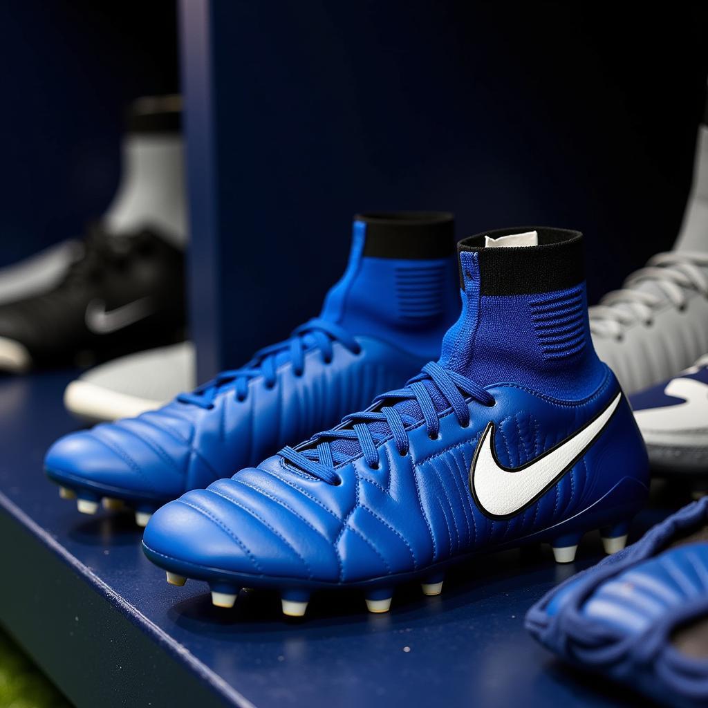 Blue White Tiempo boots in a locker room setting