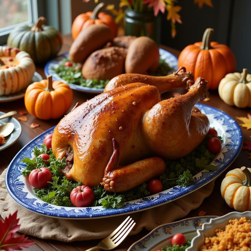 Blue and White Turkey Platter as a Thanksgiving Centerpiece