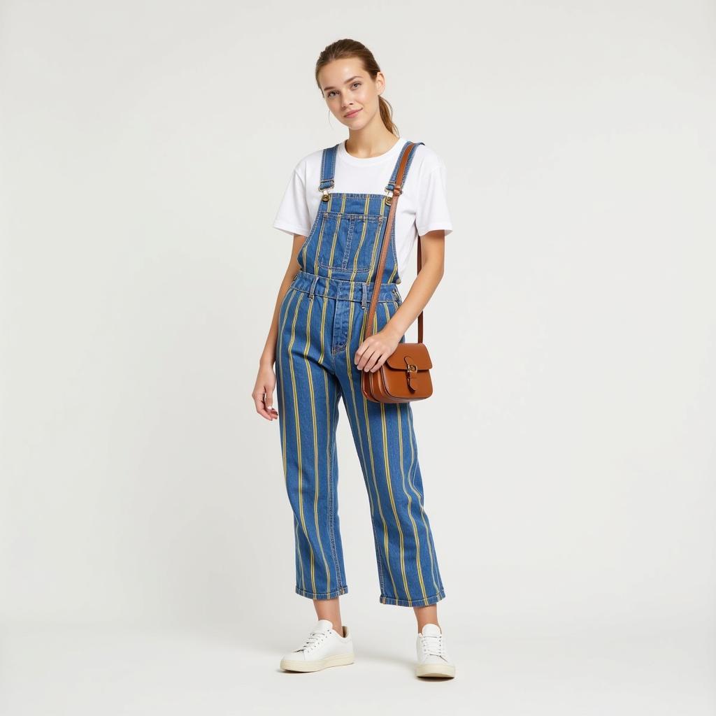 Blue and yellow striped overalls paired with a white t-shirt and sneakers.