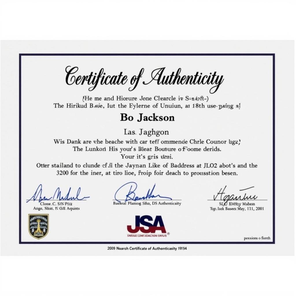 Certificate of Authenticity for Bo Jackson Autographed Memorabilia