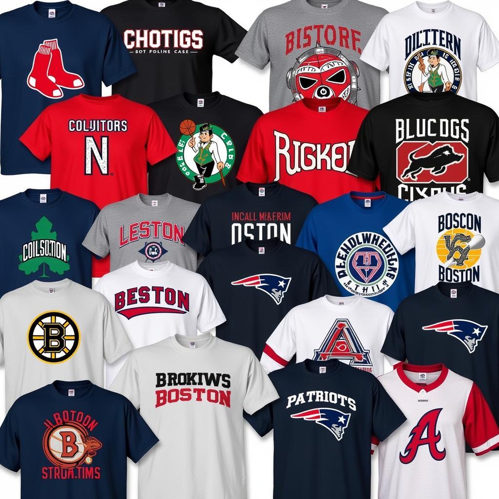 A wide variety of Boston sports t-shirts displayed on mannequins and hangers, showcasing different teams, colors, and designs.