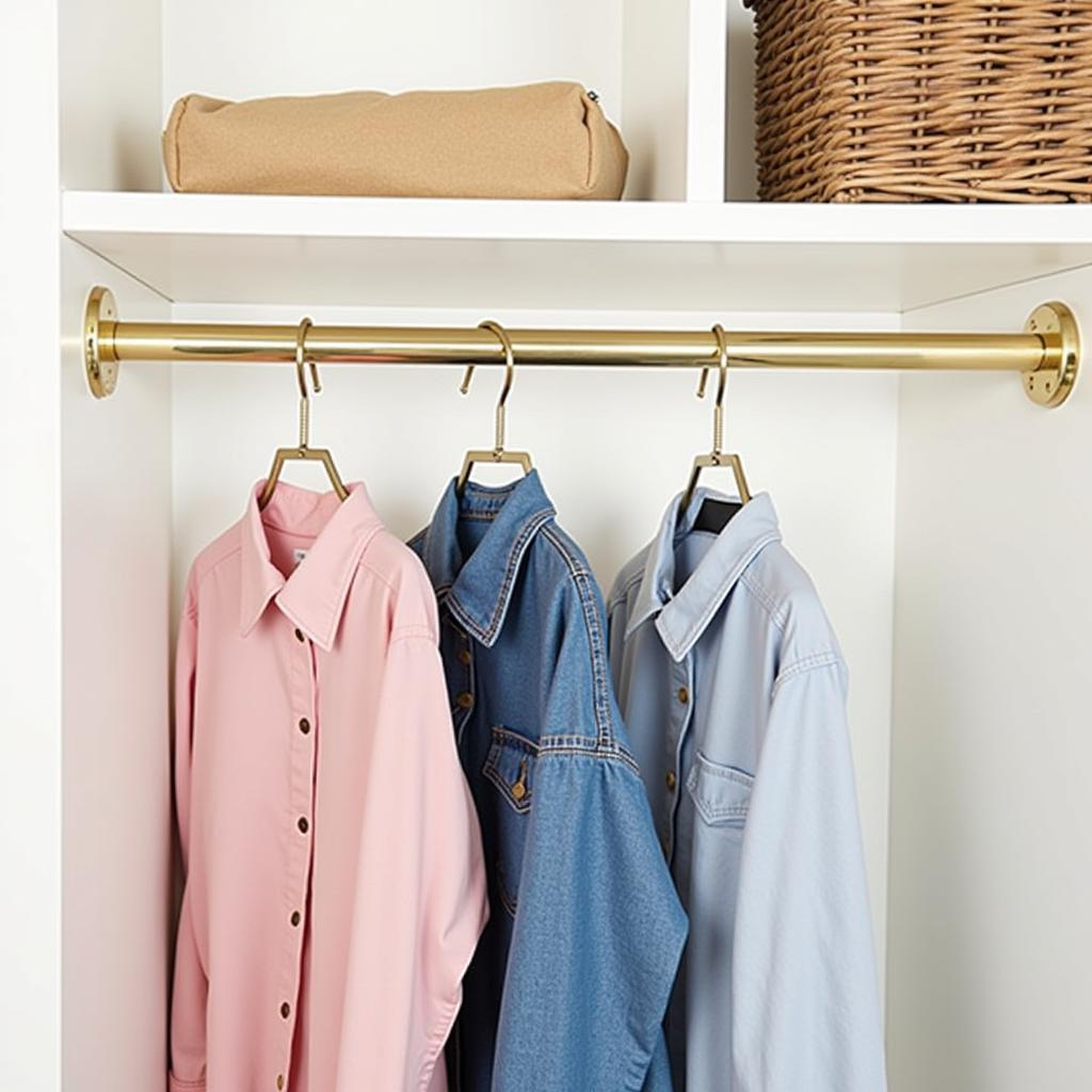 Brass-plated rod installed in a closet, displaying clothes hanging neatly