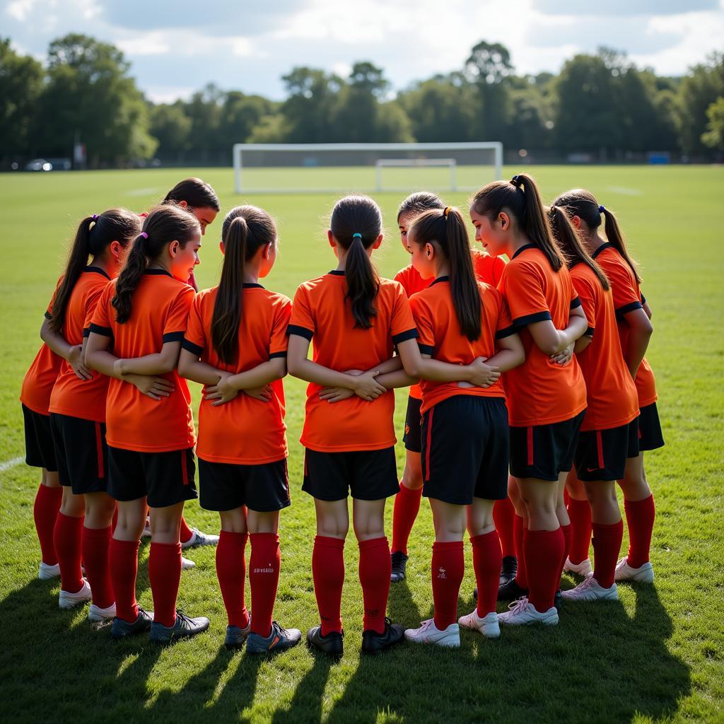 Soccer team in a huddle before a game at the Braves Country District Tournament