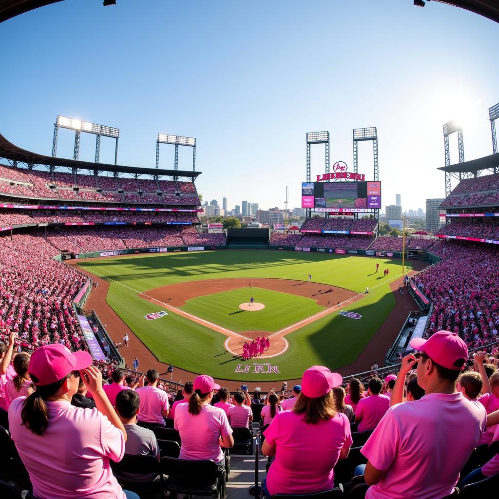 Fans Showing Support at a Breast Cancer Awareness Baseball Game