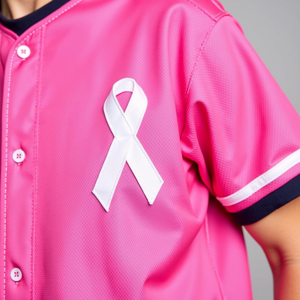 Close-up of Breast Cancer Awareness Baseball Jersey Detail