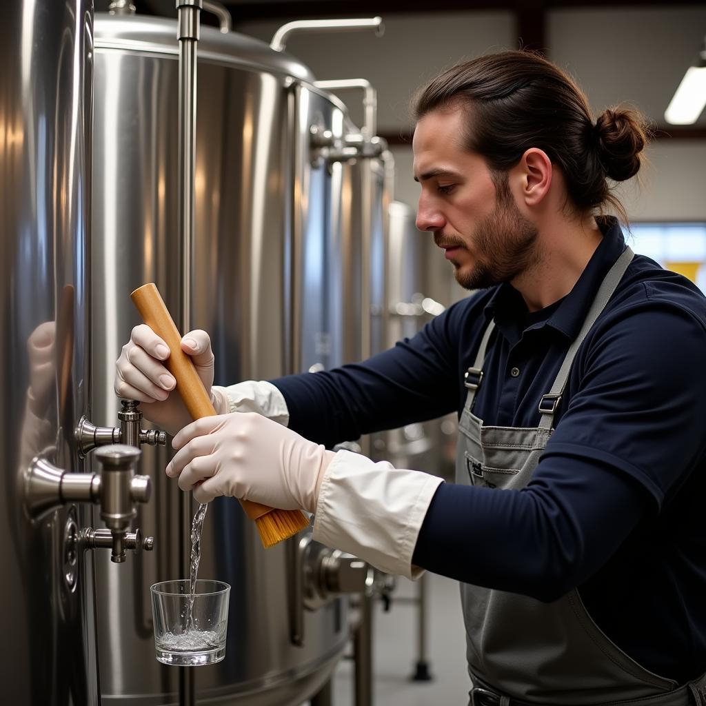 Brewer cleaning equipment while wearing protective gloves