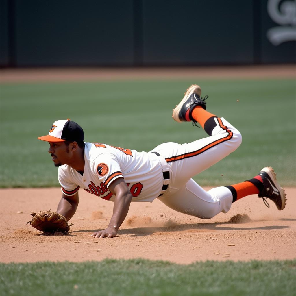 Brooks Robinson Orioles Ketchup Shirt: A depiction of the legendary Orioles third baseman Brooks Robinson diving for a ball, with a stylized ketchup bottle superimposed to represent the iconic stain on his jersey.