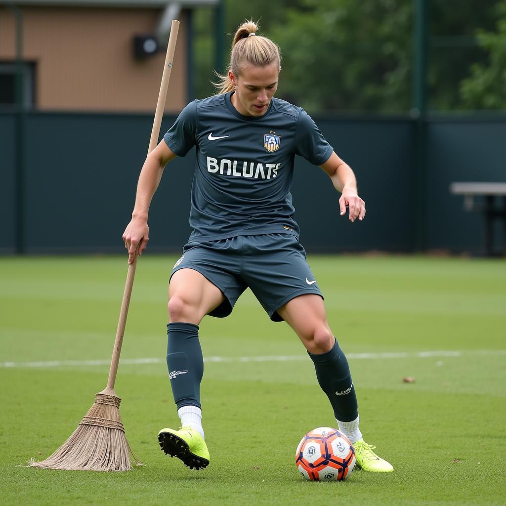 Frenkie de Jong demonstrating ball control with a broom.