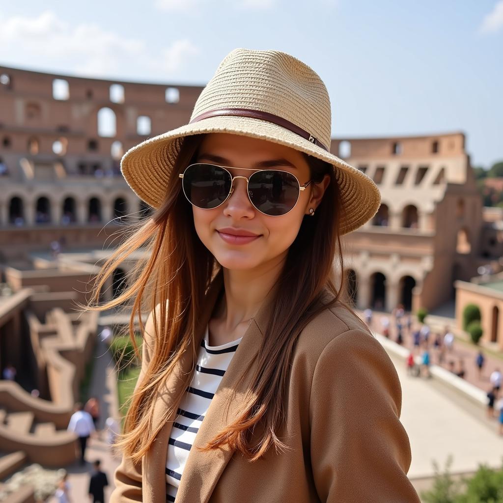 Stylish person wearing a bucket hat at the Colosseum in Rome, Italy