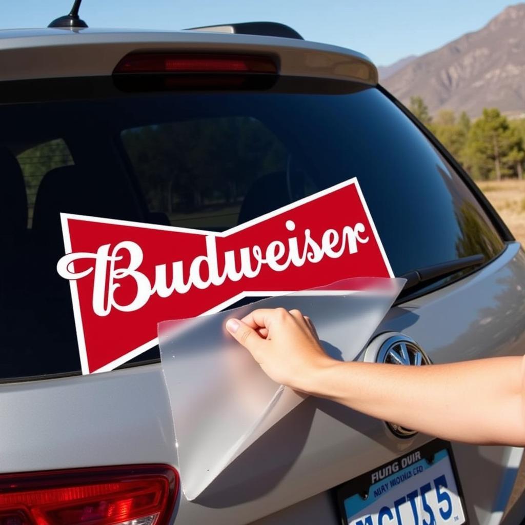 Applying a Budweiser decal to a car window