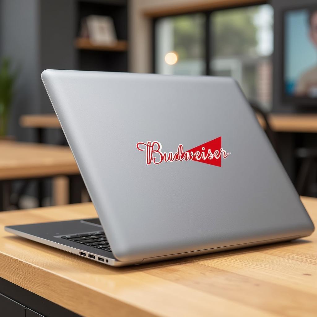 A Budweiser decal on a laptop