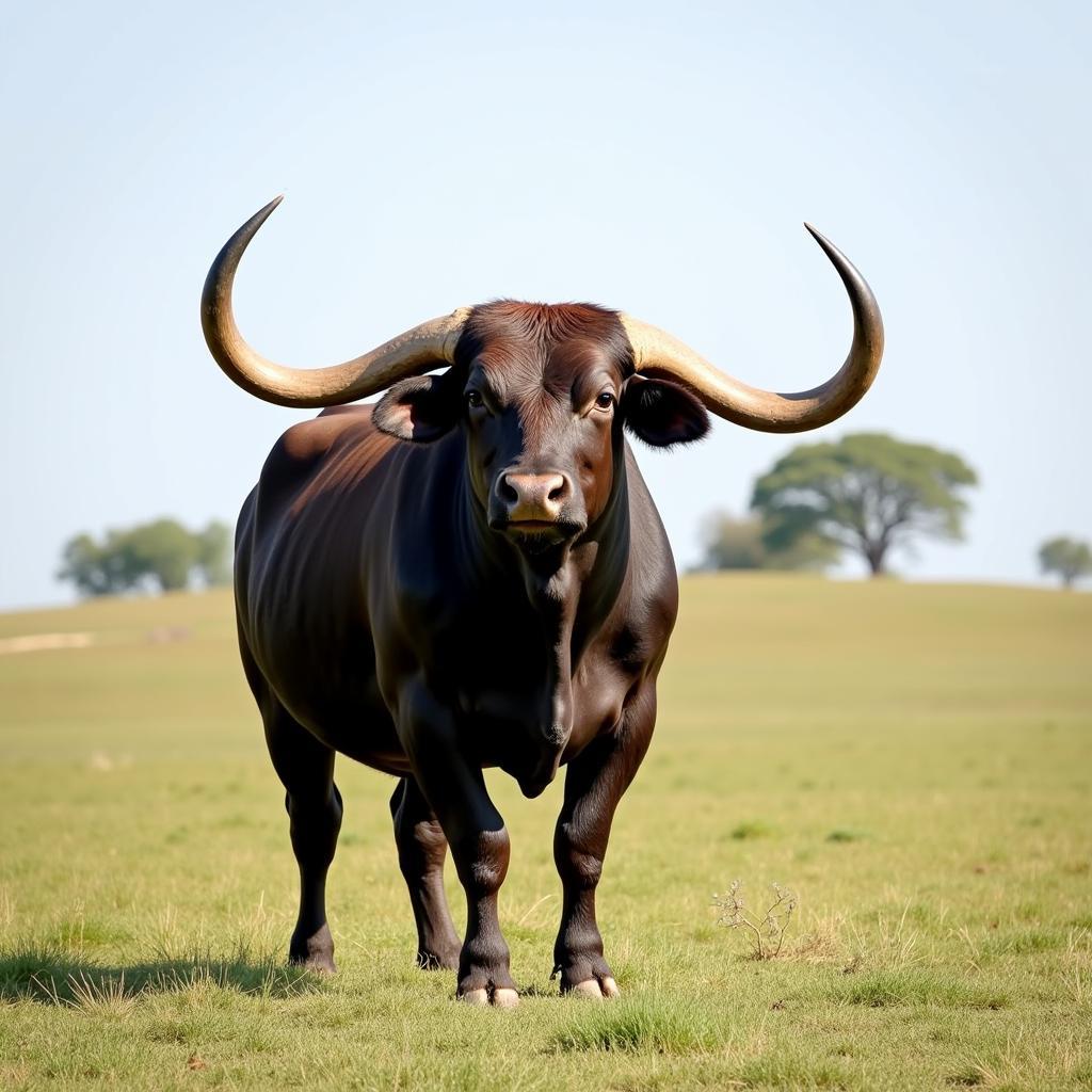 A bull with majestic horns standing in a field