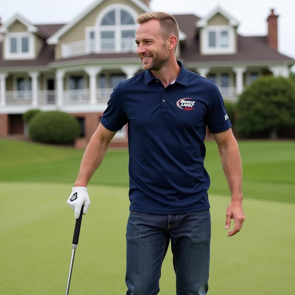 Man wearing a Busch Light golf polo with jeans