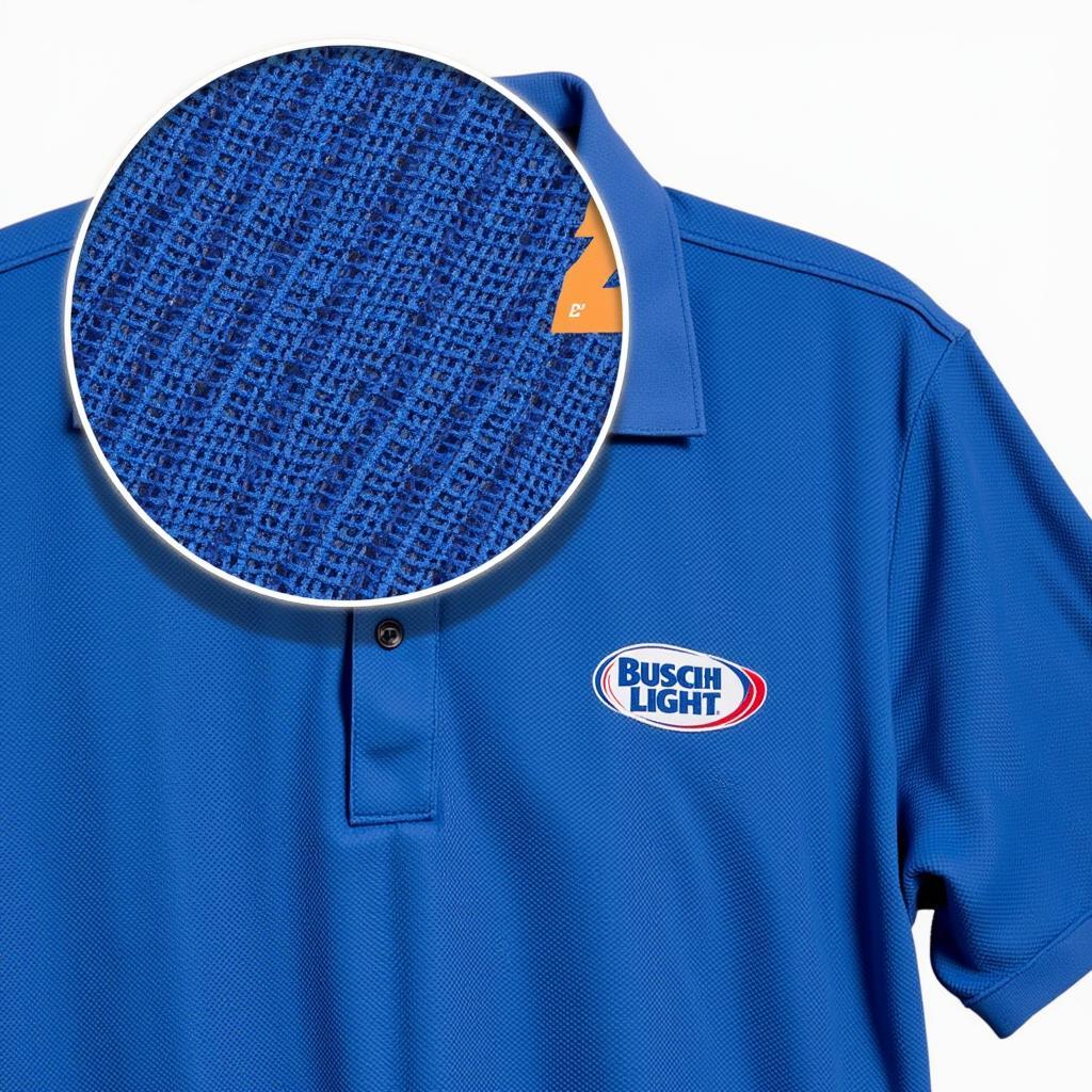 Close-up view of the breathable fabric of a Busch Light golf polo