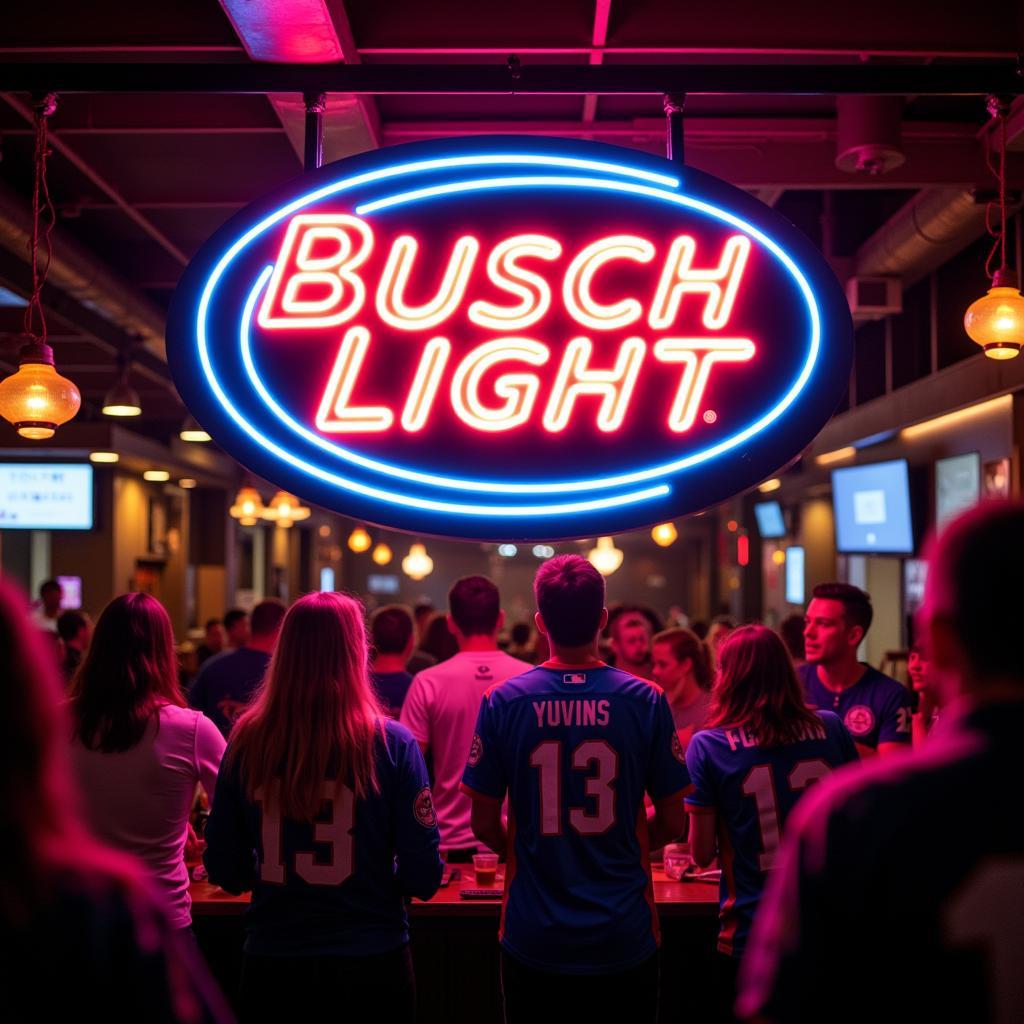 Busch Light Neon Sign Illuminating a Sports Bar