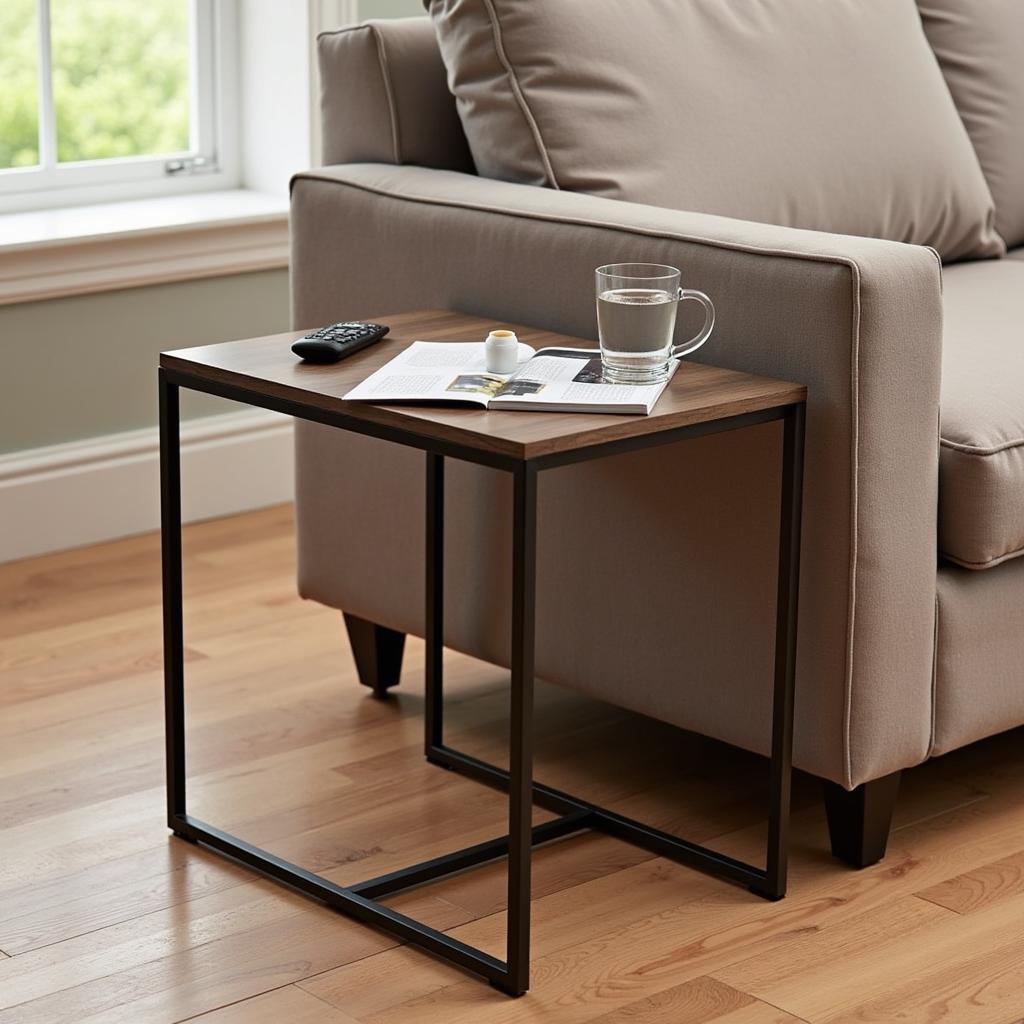 C-shaped chair side table for elderly next to a sofa