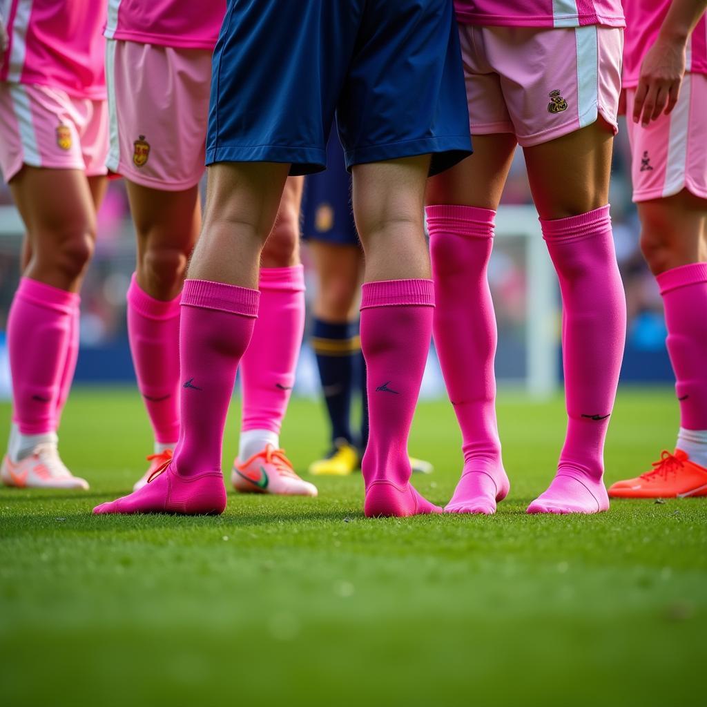 Football players wearing cancer socks pink on the field