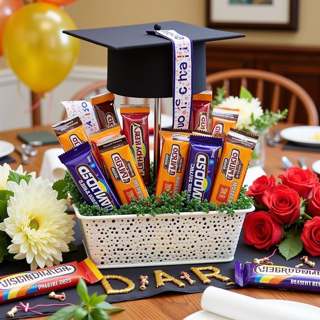 Candy bar wrappers as part of a graduation table centerpiece.