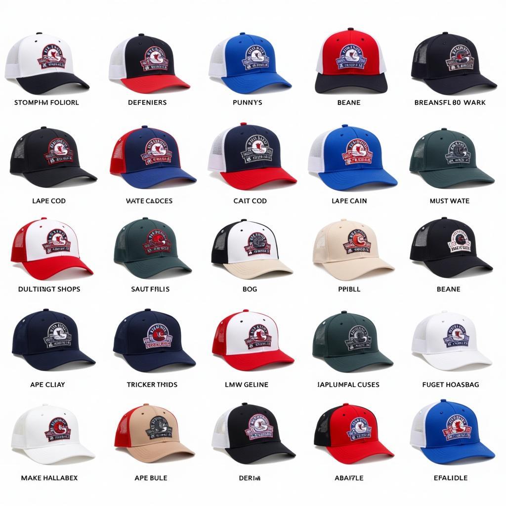 A display of various Cape Cod Hockey Club hats showcasing different styles and colors.