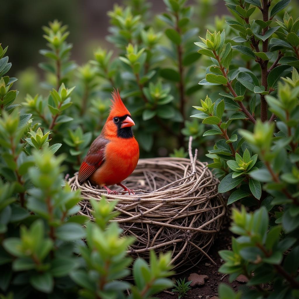 Cardinal Bird Nesting in Shrubbery