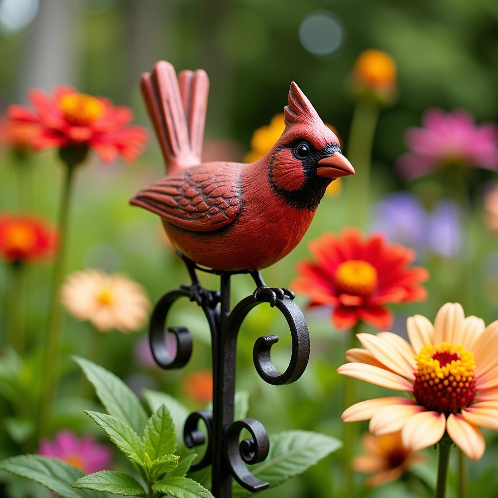 Cardinal Memorial Gift Garden Stake: A metal cardinal garden stake in a flower garden