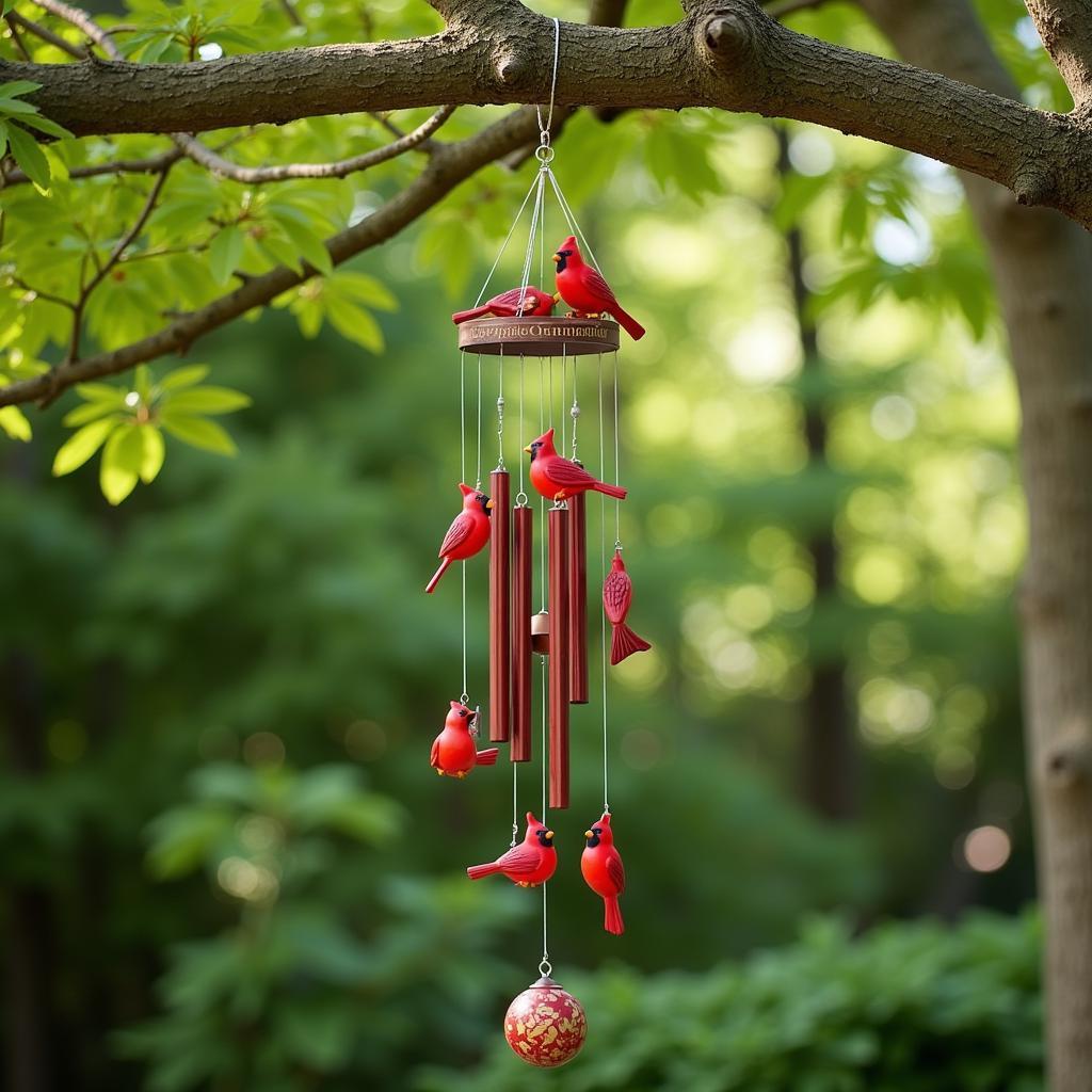 Cardinal Memorial Gift Wind Chime: A wind chime with cardinal ornaments hanging from a tree branch