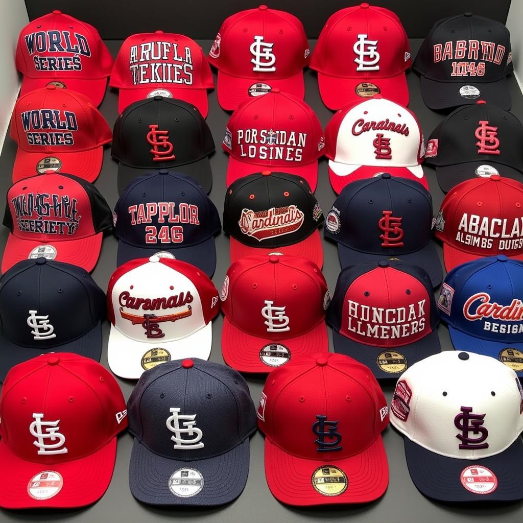 Display of Cardinals World Series Hats from different years