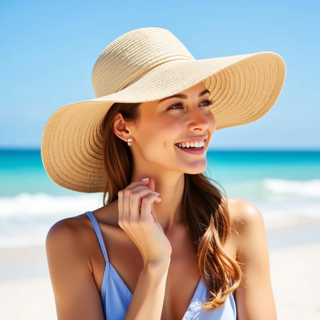 Wide brim sun hat on a sunny beach