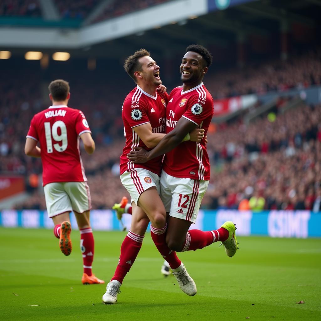 Celebrating a goal in a football stadium