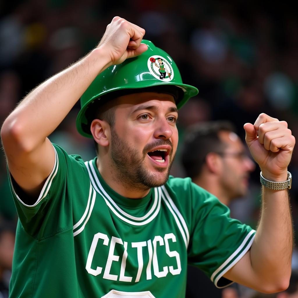 A Celtics fan proudly wearing a replica hard hat