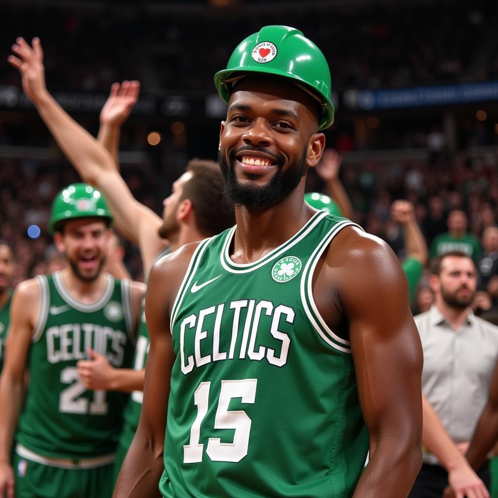 Celtics players celebrating with the hard hat