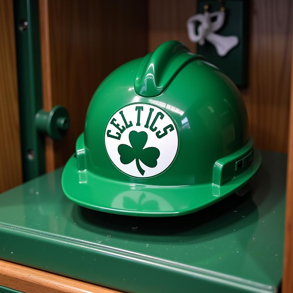 The Celtics hard hat displayed in a case