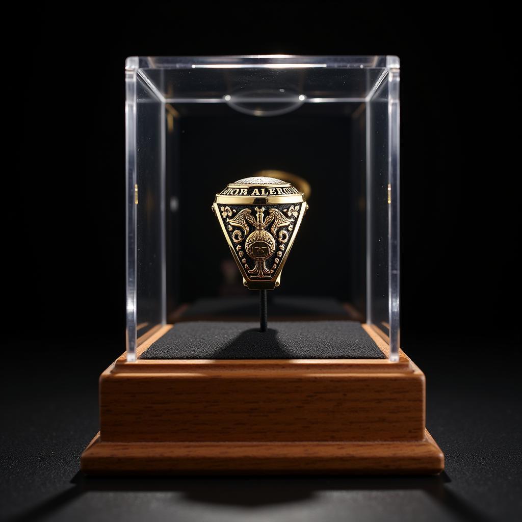 A championship ring displayed in a protective case