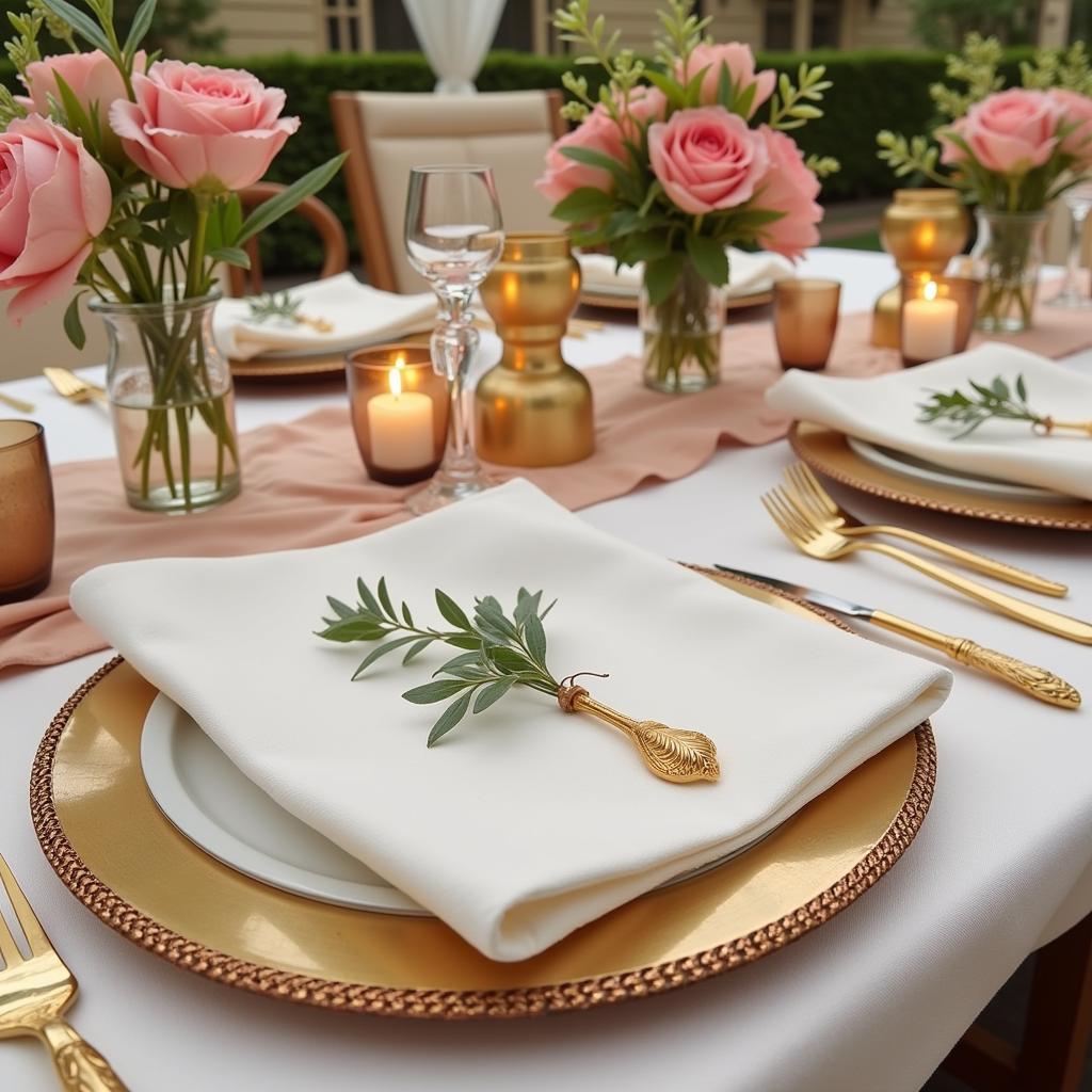 Elegant table setting featuring charger plate inserts with matching napkins and centerpieces.