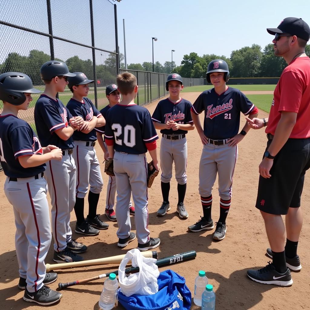 Baseball team preparing for a tournament with equipment and supplies