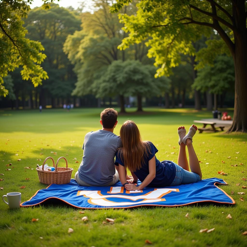 Couple enjoying a picnic with a cheer blanket