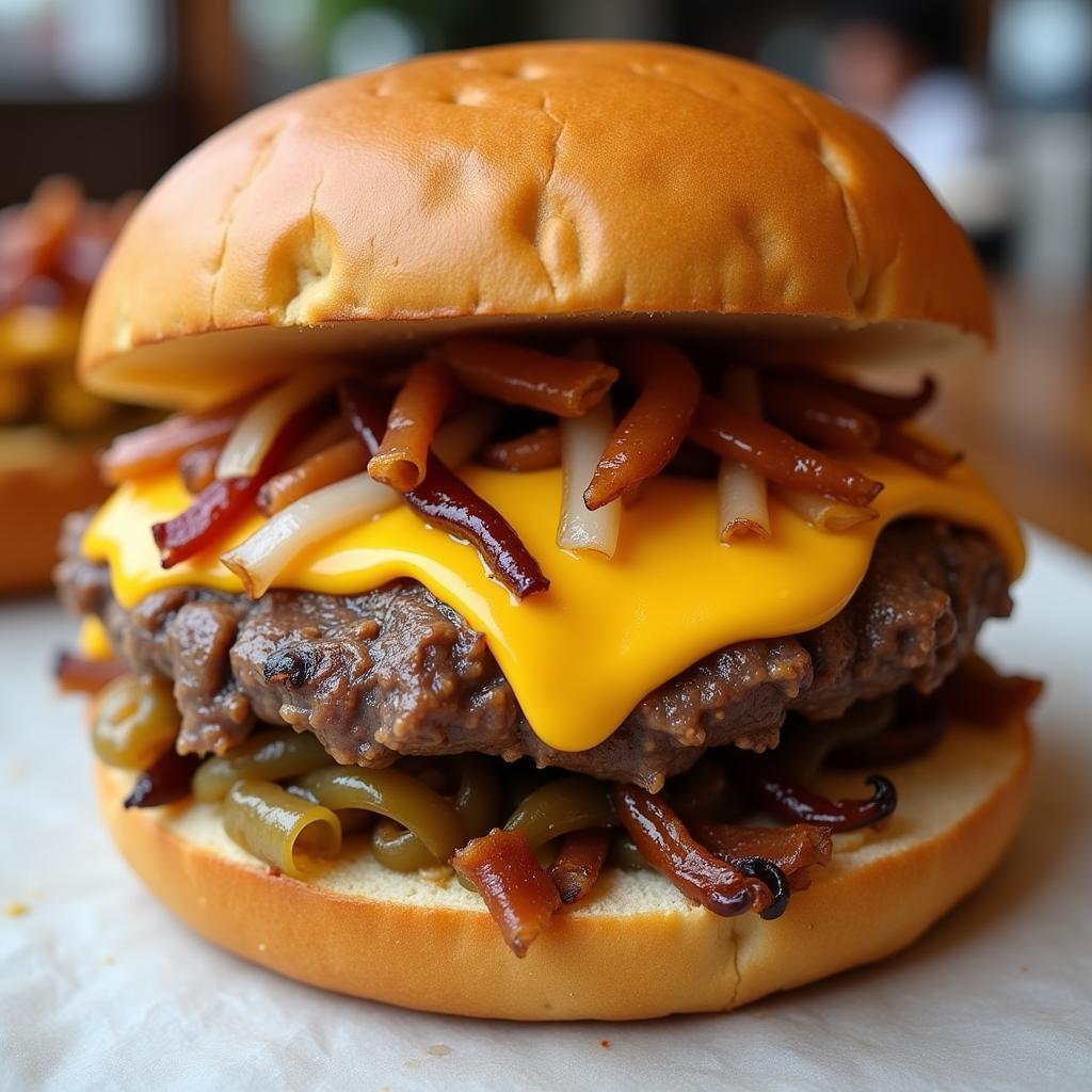 Close-up view of a cheesesteak hat, showcasing the realistic details of the sandwich.