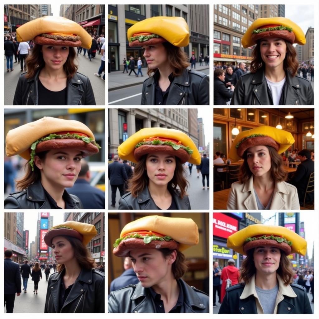 People wearing cheesesteak hats in various settings, showcasing different styles and outfits.