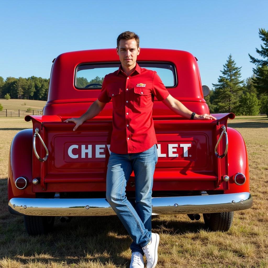 A person wearing a chevrolet work shirt in a casual setting.