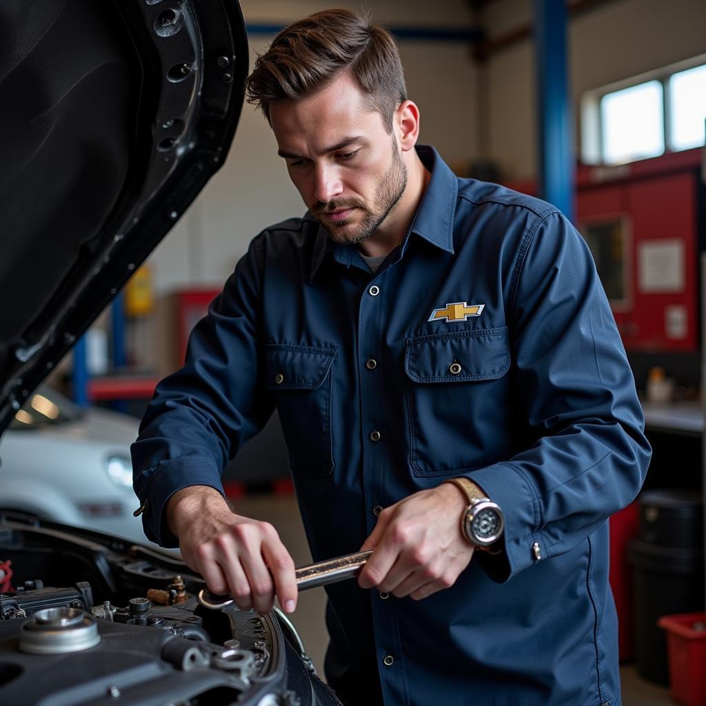 Mechanic wearing a chevrolet work shirt while working on a car engine.