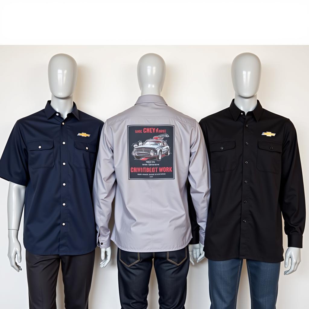 Different styles of chevrolet work shirts displayed on mannequins.