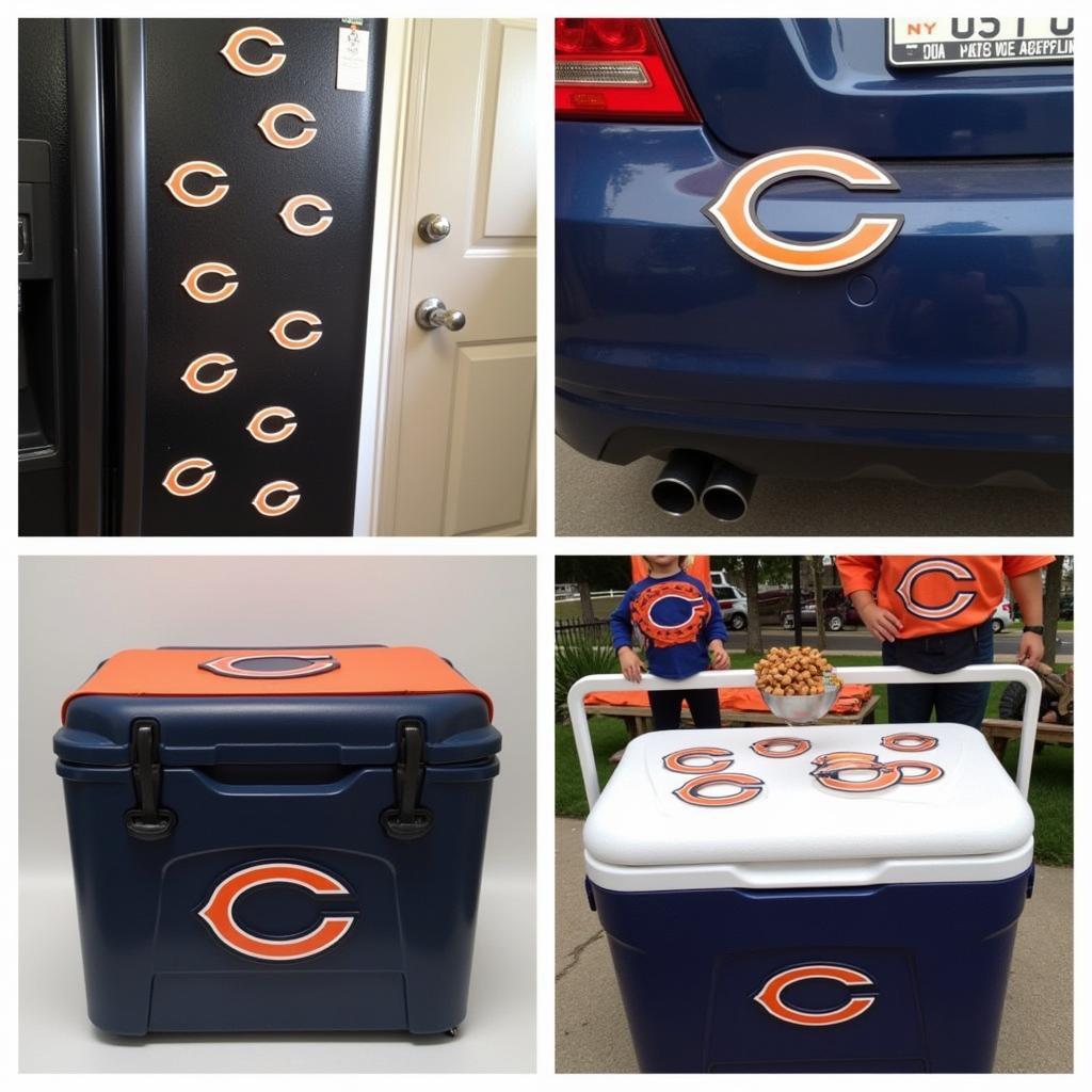 Chicago Bears Magnet Placement Ideas: Examples of Chicago Bears magnets displayed on various surfaces, including refrigerators, cars, toolboxes, and tailgating equipment, illustrating different placement options.