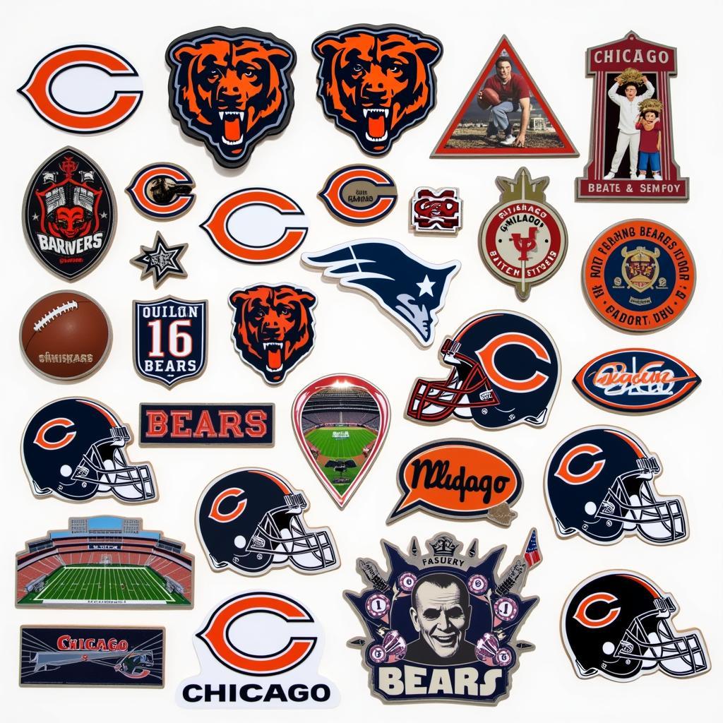 Chicago Bears Magnet Variety: A display of different Chicago Bears magnets featuring various designs, sizes, and shapes, highlighting the diverse options available for fans.