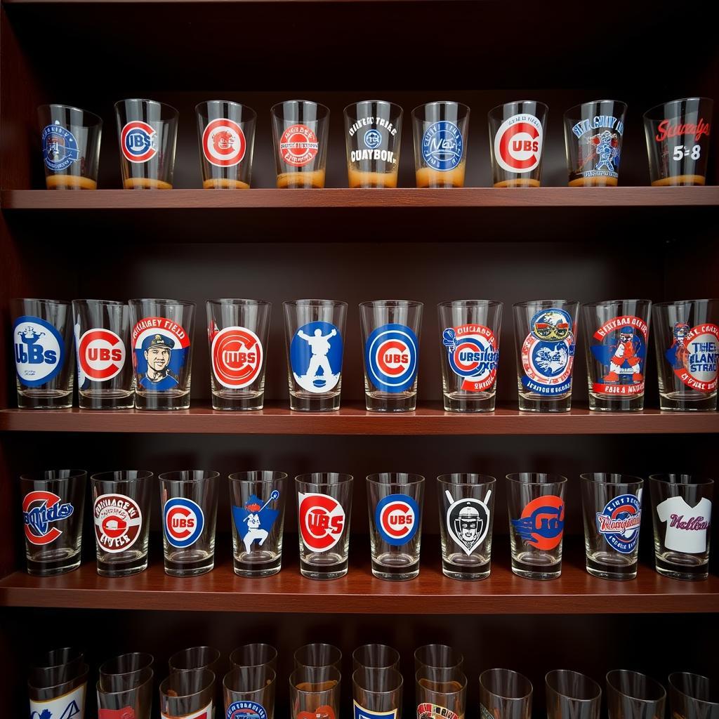 Chicago Cubs Shot Glass Collection Displayed on a Shelf