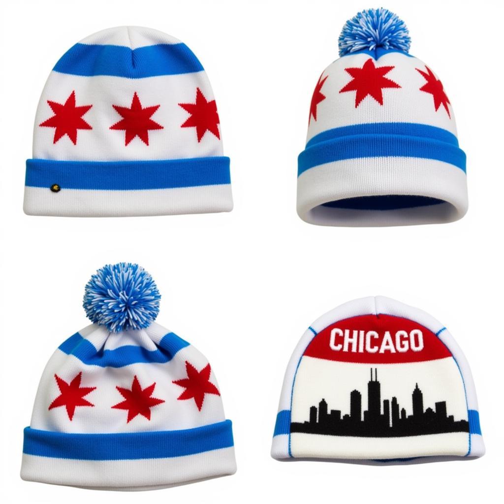 Different styles of Chicago flag beanies laid out on a table