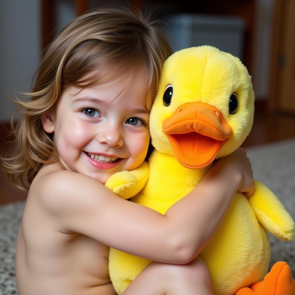 Child hugging a duck security blanket for comfort