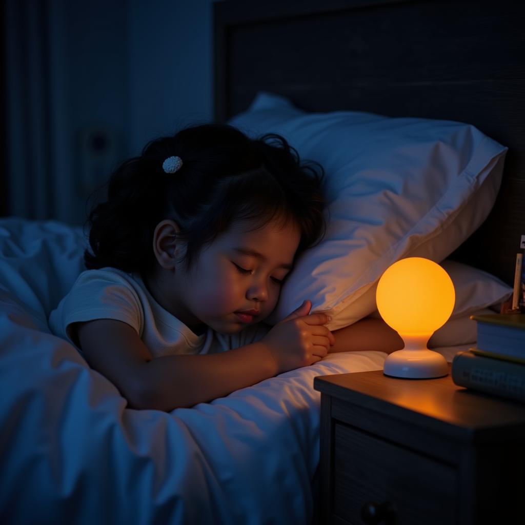 A child sleeping peacefully with a cardinal nightlight on their bedside table