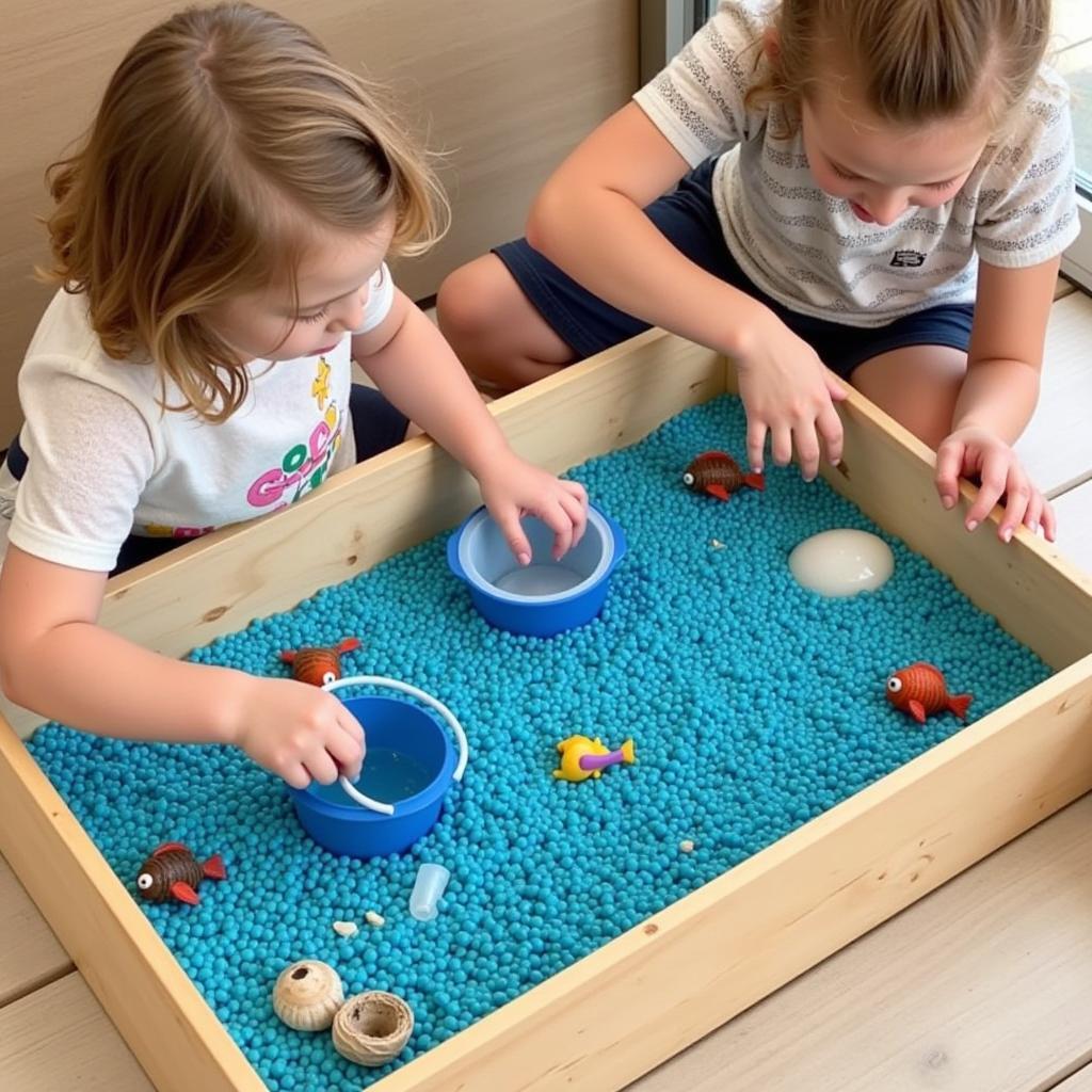 Children playing with an ocean-themed wooden sensory bin